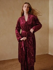 MOTF PREMIUM WOMEN'S SOLID COLOR WAIST TIE CASUAL DAILY HOME SLEEPWEAR - Burgundy - View 4