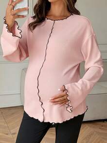 Dazy Maternity Contrast Color Ruffle Wave Hem Loose Long Sleeve Bell Sleeve Casual Vacation Korean Style Spring Autumn Maternity T-Shirt - Pink - View 3