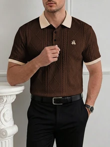 Calvornis 男士短袖 Polo 衫，提花針織鈕扣領，復古圖案商務休閒夏季高爾夫 Polo 衫，時尚休閒通勤日常穿著，正式 - 咖啡棕 - 查看 4