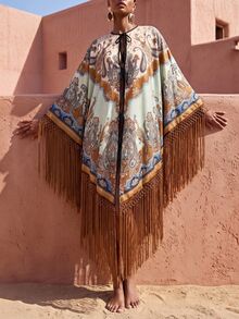 Zivah New Elegant Women's Oversized Multi-Color Printed Shawl Collar Kimono Cover Up With Tassels, Versatile For Beach, Vacation, Commute And Multiple Occasions - Multicolor - View 2