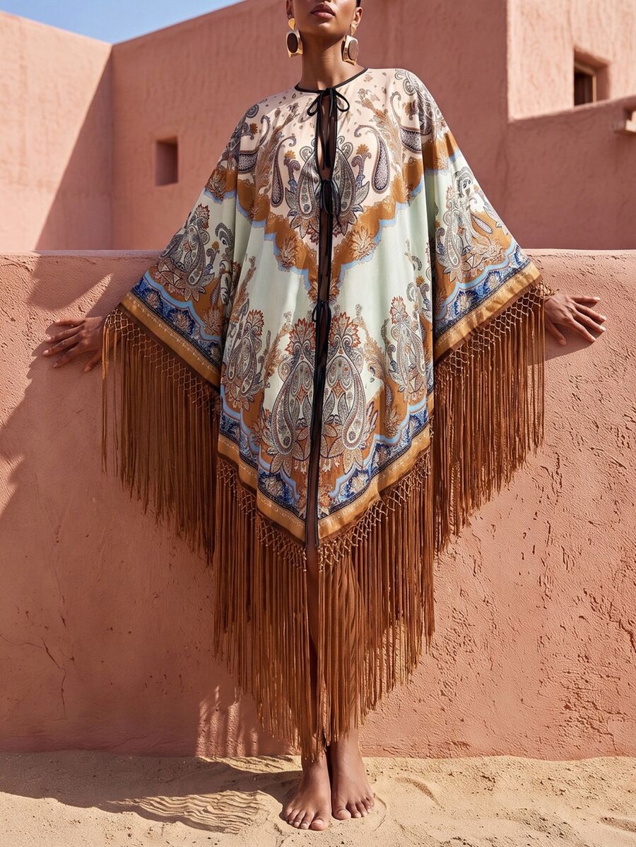 Zivah New Elegant Women's Oversized Multi-Color Printed Shawl Collar Kimono Cover Up With Tassels, Versatile For Beach, Vacation, Commute And Multiple Occasions