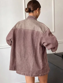 Livesso 女款西式復古水洗寬鬆版型開衩立領長袖牛仔外套，秋季服飾，返校穿搭 - 紅色 - 查看 2