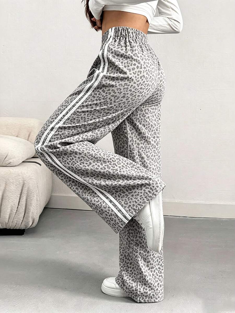 INAWLY Women's Casual Loose Fit Contrast Color Side Design Wide Leg Pants, Spring/Summer - Light Grey - View 1