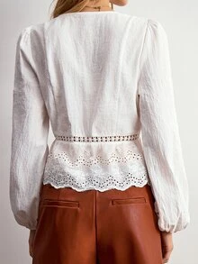 Willow Rêve Women's White Embroidered V-Neck Petal Sleeve Blouse - White - View 2