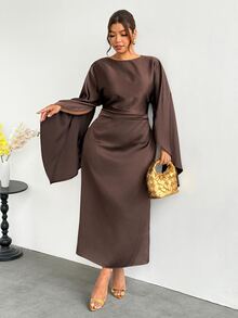 Firerie Plus Size Women Solid Color Round Neck Cape Sleeve Pleated Elegant Dress - Coffee Brown - View 5