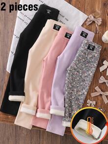 SHEIN 2件裝女童蝴蝶刺繡圖案緊身褲，天鵝絨面料，適合休閒日常穿著，秋冬季節 - 彩色 - 查看 1
