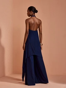 JIAN LASALA Mesh Halter Neckline Sleeveless Uneven Ruffle Hemline Long Jumpsuit Elegant Vacation - Blue - View 2