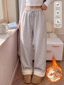 SHEIN EZwear 秋季新款女款加厚抓絨內裡純色抽繩休閒運動長褲，極簡時尚，適合日常穿著、登山、居家，淺灰色 - 灰色 - 查看 7