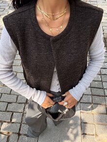 Serisse 女款純色圓領休閒無袖背心外套，大衣，秋冬，商務穿著，適合日常通勤穿著，秋季 - 咖啡棕 - 查看 7