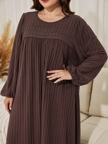 Lacomfia Minimalist Casual Solid Color Ribbed Trim Crew Neck Long Sleeve Loose Fit Regular Spring Autumn Plus Size Dress - Chocolate Brown - View 6