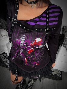 Whyspr Harley Quinn X SHEIN Plus Size Women's Cartoon Pattern Casual Daily Long Sleeve T-Shirt - Multicolor - View 4
