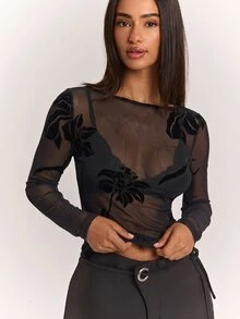 SHEIN BAE 女款休閒長袖網紗天鵝絨提花黑色上衣 T-shirt，適合日常穿著、休閒穿著、萬聖節，黑色天鵝絨上衣 - 黑色 - 查看 7