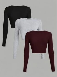 SHEIN EZwear 女款純色方領長袖短版休閒T恤（3件組） - 彩色 - 查看 2