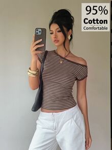 Aloruh 95%棉女款條紋不對稱肩短袖修身休閒T恤，棕色與白色條紋，返校季，休閒極簡日常百搭，約會出遊穿搭，女款秋季服飾，秋季穿搭，女款通勤穿搭，百搭上衣，出遊穿搭，機場穿搭 - 白色 - 查看 6