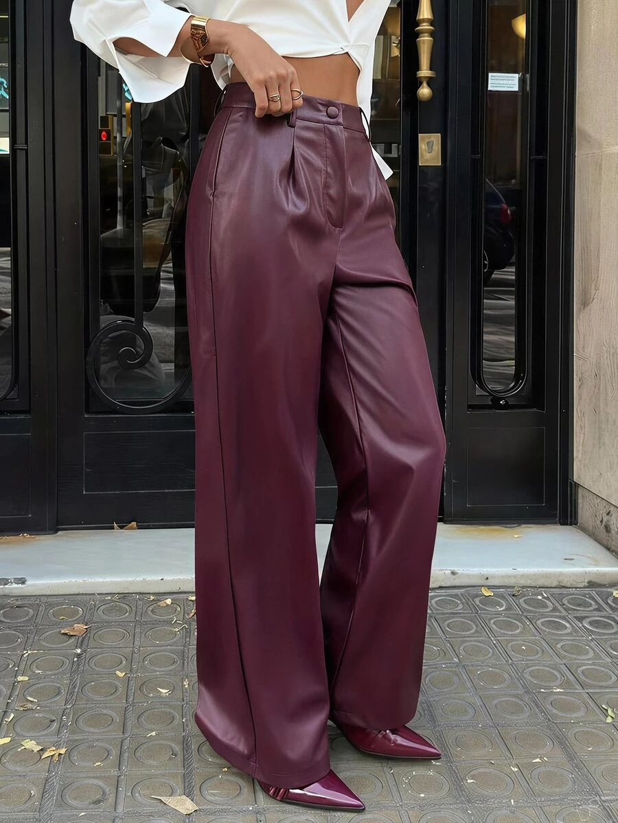 DAZY Fashionable High-Waist Button Pleated PU Material Suit Pants - Red Violet - View 1