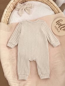 SHEIN 新生兒卡通鴨子刺繡設計蝴蝶結裝飾單排扣長袖居家連身衣 - 卡其色 - 查看 2