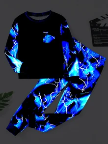 SHEIN Bộ đồ mặc nhà cho bé trai tuổi teen gồm áo tay dài đơn giản và quần dài ôm dáng - Nhiều màu - Xem 1