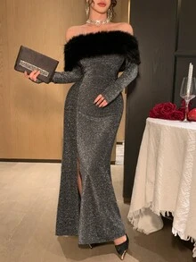 DAZY Women's Fuzzy Patchwork Off-Shoulder Long Sleeve Top And Slit Design Skirt Fashion Two Pieces Set - Black - View 5