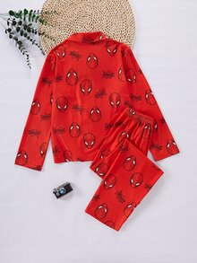 青少年男孩紅色底色趣味蜘蛛面具圖案 BOOOM 針織翻領短袖上衣與短褲兩件套居家服，舒適阻燃面料，適合男孩居家休閒穿著，最佳男孩禮物 - 紅色 - 查看 3