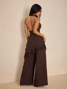 SHEIN PETITE Petite Women's Two Pieces Set: Brown Cowl-Neck Open-Back Top With Cinched Waist And Pocketed Trousers - Brown - View 2