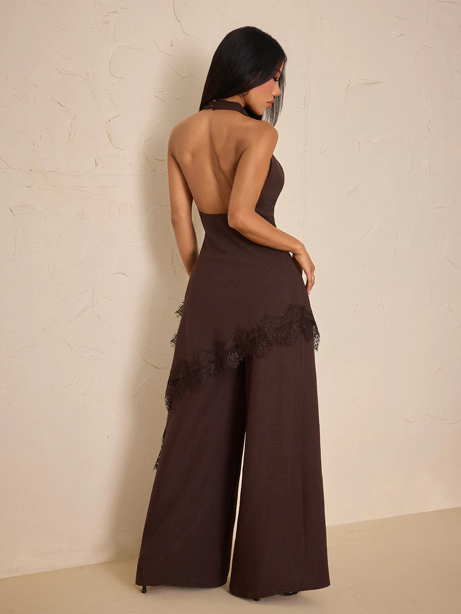 SHEIN PETITE Petite Women's Two Pieces Set: Brown Cowl-Neck Open-Back Top With Cinched Waist And Pocketed Trousers - Brown - View 1