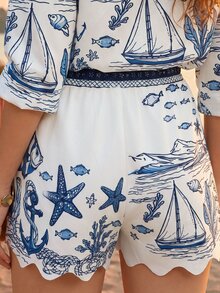 CAJUNI Women's Ocean Creature Print Drawstring Waist Shorts For Beach White And Blue Summer Casual Conservative Sexy - Blue and White - View 7