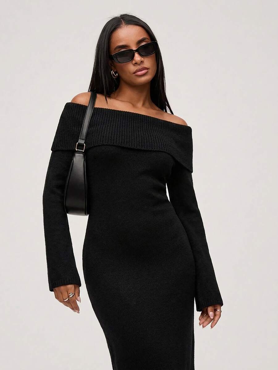 SHEIN BASICS Women's Street Style Off-Shoulder Fashion Sweater Dress - Black - View 1