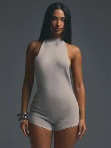MUSERA Grey Knit Backless Halterneck Playsuit Romper Fall Autumn Winter Halloween Party Going Out Concert Rave Disco Graphic Camo Sexy Thanksgiving - Light Grey - View 1