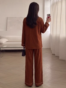 NOVVYNE Women's Brown Long Sleeve Frog Button Collar Knit Trim Commuter Casual Top And Straight Leg Pants 2pcs Set - Brown - View 2