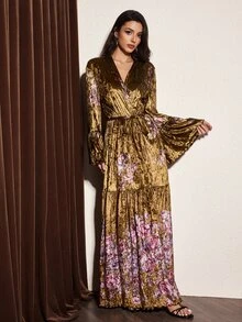 Slumberist Vintage Floral Print Velvet Long Sexy Women's Robe, V-Neck, Ruffle Bell Sleeves, Cinched Waist, Draped Patchwork Full Skirt - Brown - View 6