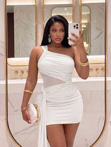 Slaydiva Plus Size Women Solid Color One Shoulder Sleeveless Ruched Ribbon Design Slim Fit Fashion Dress - White - View 8