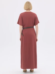 KÆRIA Hus Flutter Sleeve Column Maxi Dress - Fluid Drape - Rust Red - Day To Night, Minimalist, Modern, Draped - Redwood - View 3