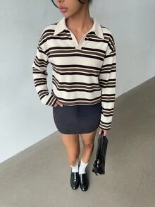 Aloruh 女款秋冬條紋 Polo 衫，復古 Y2K 風格休閒上衣，春季長袖秋季上衣 - 杏色 - 查看 6