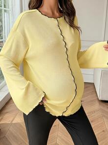 Dazy Maternity 對比色荷葉波浪下擺 寬鬆長袖喇叭袖 休閒度假韓風 春秋孕婦T恤 - 黃色 - 查看 6