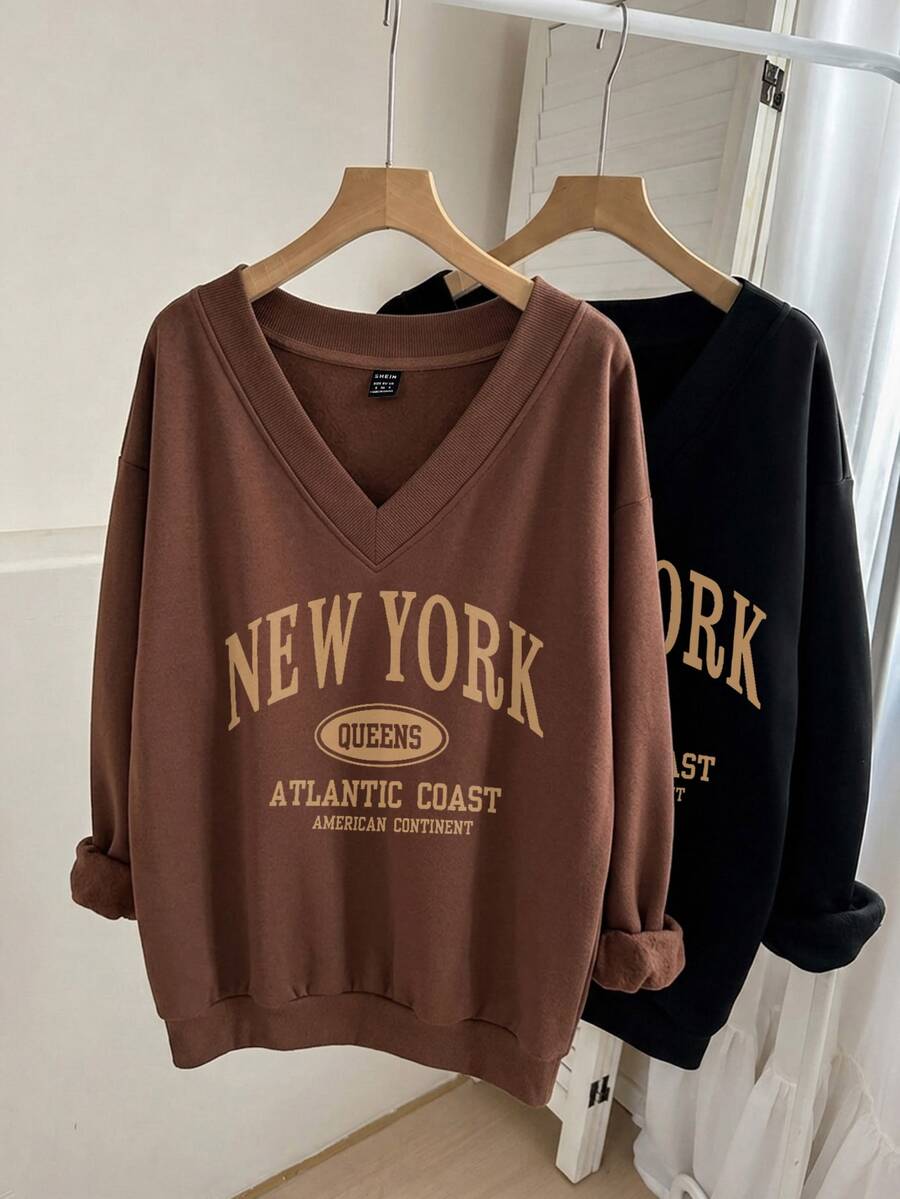SHEIN LUNE 2PCS Plus Size Sweatshirts Hoodies Autumn Office Formal Date Night Brown Black Brown Letter Print Soft Form Modest Casual Soft Form Racing Western - Multicolor - View 1