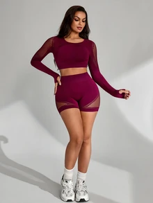 Slayform Setelan Olahraga Wanita Tanpa Jahitan Seksi Berbahan Jala, Atasan Lengan Panjang dan Celana Pendek Tanpa Punggung, Cocok untuk Lari, Olahraga, dan Yoga - Red Violet - View 7