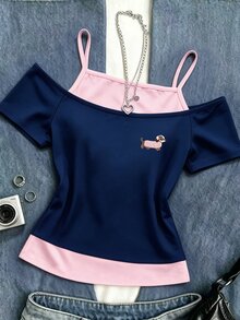 1pc Tween Girl Fresh Minimalist Chest Hat Puppy Cartoon Graphic Print 2 In 1 Off-Shoulder Camisole Short Sleeve T-Shirt - Multicolor - View 3