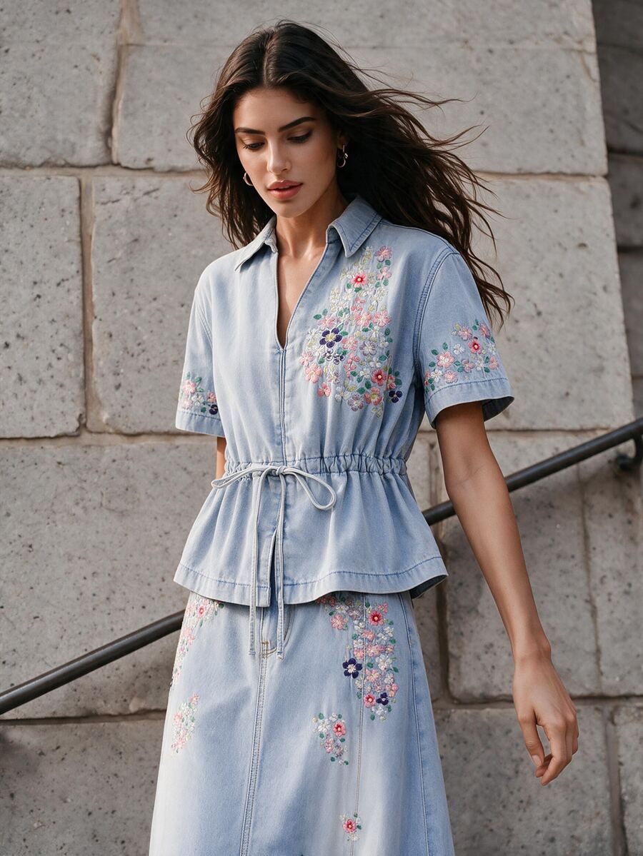 Anewsta Women's New Fashion Glamorous Elegant Heavy Embroidery Blue Jeans Set - Blue - View 1