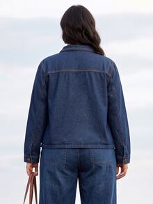 EMERY ROSE Plus Size Women's Casual Comfortable Deep Blue Non-Stretch Embroidered Denim Jacket - Dark Wash - View 2