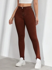 SHEIN ICON 大尺碼女款休閒舒適淺藍色彈性牛仔褲 - 棕色 - 查看 7