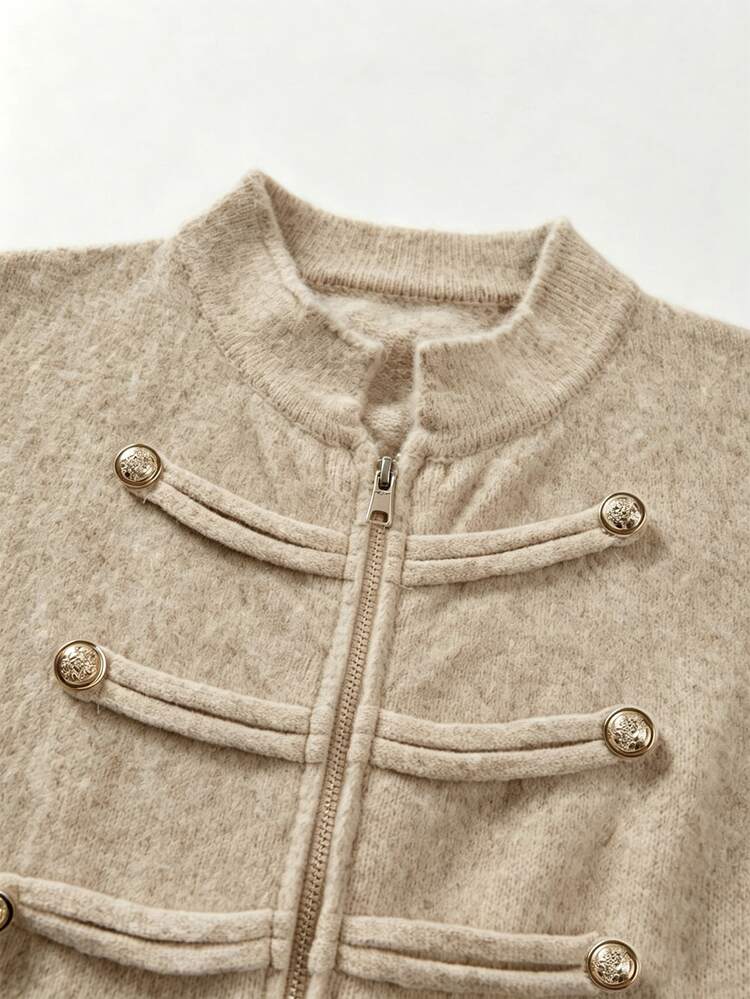 SHEIN New Fall Vintage Regal Napoleonic Detail Knit Cardigan Women Trim Collar Ornate Button Accent Zip Front - Khaki - View 8