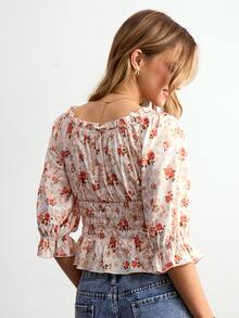 Willow Rêve Blus Wanita Motif Bunga Aprikot Kecil Lengan Sedang Leher Lebar dengan Potongan Pinggang yang Mengencangkan - MultiWarna - View 2