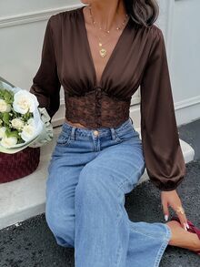 Serisse 女款V領蕾絲拼接休閒日常穿著襯衫 - 棕色 - 查看 5