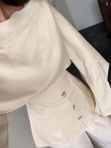 Veilorie 女款優雅通勤純色披肩領繫腰襯衫 - 杏色 - 查看 5