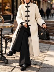 Balvessa Women's New Chinese Style Frog Button Overcoat, Loose Long Jacket, High-End Autumn/Winter Outerwear - Beige - View 3
