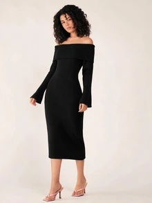 SHEIN BASICS Women's Street Style Off-Shoulder Fashion Sweater Dress - Black - View 7