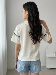 DAZY Basic Style Collared Striped Contrast Color Short Sleeve Top Girls (Large) T-Shirt - Beige - View 2