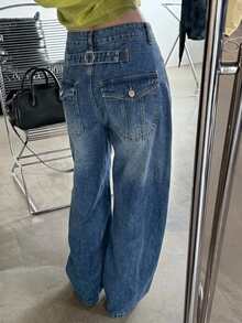 DAZY Contrast Stitch Loose Curved Leg Casual Streetwear Summer Women's Jeans - Dark Wash - View 2