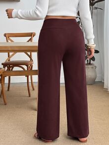 SHEIN PETITE CURVE 大尺碼女款純色休閒百搭日常穿著長褲 秋季早午餐度假黑色 - 紅木色 - 查看 3