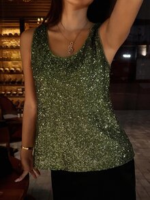 DAZY Women's Sequin Casual Versatile Daily Wear Top - Green - View 3